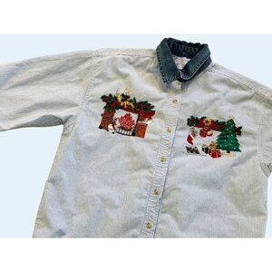 Vintage SOLUTIONS Holiday Christmas Denim Shirt Top Sz Small